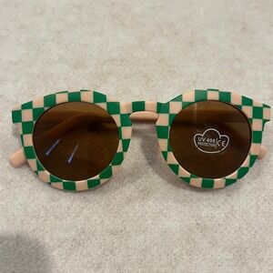 Kids Green Tan Checkered Round Sunglasses UV400 Protection Retro Skater Style